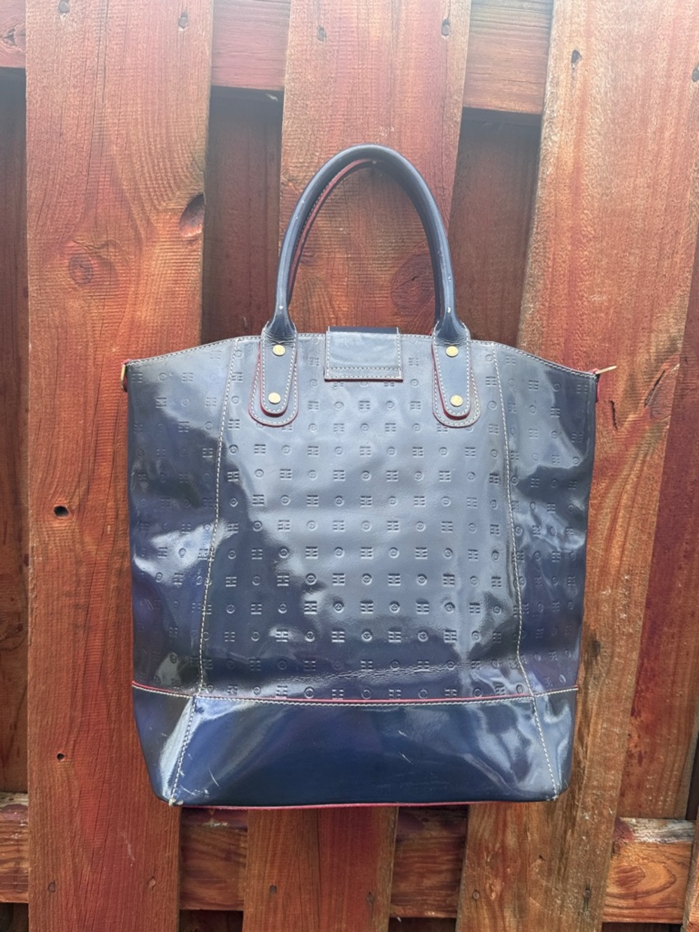 Arcadia Navy Patent Leather Tote with Gold-Tone Hardware
